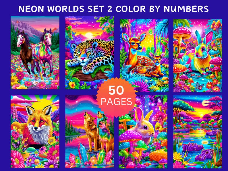 Peut inclure: Ensemble de tirages d'art n&eacute;on, "NEON WORLDS SET 2 COLOR BY NUMBERS", pr&eacute;sentant des illustrations color&eacute;es d'animaux et de paysages. L'ensemble comprend 50 pages de motifs uniques, parfaits pour les amateurs de coloriage. Les images sont sur fond bleu fonc&eacute;.