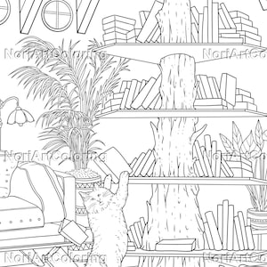 Puede incluir: Un dibujo en blanco y negro de un gato que tira libros de una estanter&iacute;a. La estanter&iacute;a est&aacute; hecha de un tronco de &aacute;rbol y tiene varias estanter&iacute;as. El gato est&aacute; de pie sobre sus patas traseras y alcanza la estanter&iacute;a superior. Hay libros en el suelo y en las estanter&iacute;as.