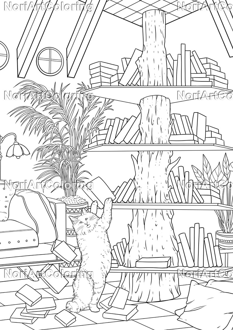 Puede incluir: Un dibujo en blanco y negro de un gato que tira libros de una estanter&iacute;a. La estanter&iacute;a est&aacute; hecha de un tronco de &aacute;rbol y tiene varias estanter&iacute;as. El gato est&aacute; de pie sobre sus patas traseras y alcanza la estanter&iacute;a superior. Hay libros en el suelo y en las estanter&iacute;as.