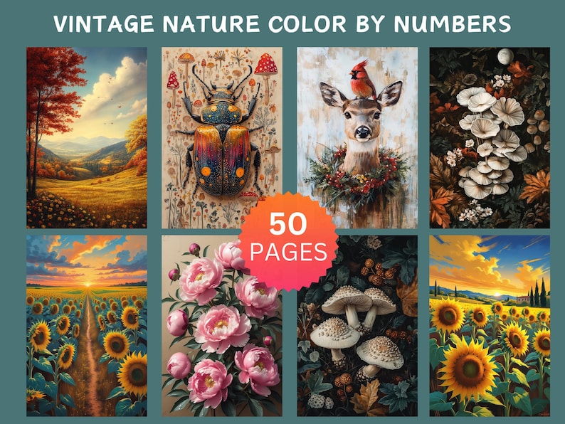 50 Vintage Nature Color by Number Pages, Digital Coloring Pages, Paint by Numbers Bundle, Procreate Adults Coloring Book, Flowers Insects image 3