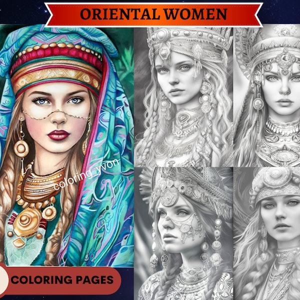 42 Oriental Women Coloring Book Set 1  | Printable Adult Coloring Pages | Download Grayscale Illustration