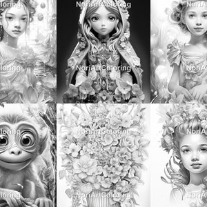 May include: A collection of six black and white coloring pages featuring a variety of subjects, including a girl with flowers in her hair, a girl with a flower crown, a girl in a dress, a monkey, and a bouquet of flowers.