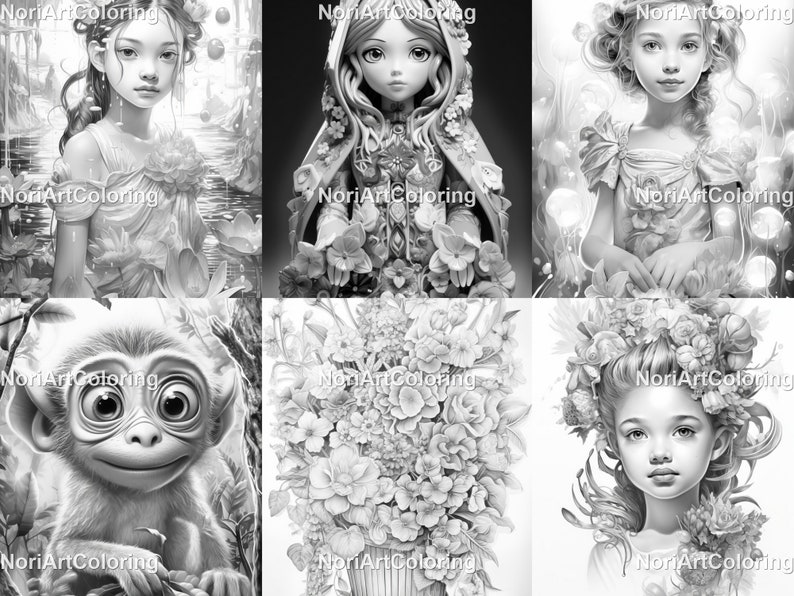 May include: A collection of six black and white coloring pages featuring a variety of subjects, including a girl with flowers in her hair, a girl with a flower crown, a girl in a dress, a monkey, and a bouquet of flowers.