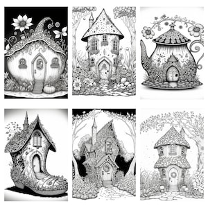 Grayscale Fairy Houses Coloring Book | Printable Adult Coloring Pages | Download Grayscale Illustration | Printable PDF file