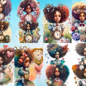 12 Watercolor Afro Alice in Wonderland, PNG on transparent background, Beautiful Afro Alice Clipart, Sublimation Design, Instant Download
