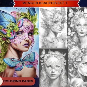 May include: A set of 10 coloring pages featuring winged beauties with intricate masks and butterfly details. The images are in black and white, ready to be colored.