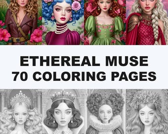 70 pagine da colorare in scala di grigi con muse eteree, libro da colorare con donne fantastiche e sognanti, pacchetto da colorare
