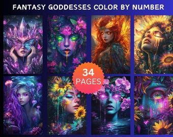 34 Fantasy Goddesses Color by Number Pages, Digital Coloring Pages, Paint by Numbers Bundle, Procreate Adults Coloring Book,Mythical Fantasy