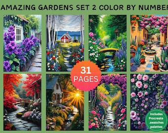31 World's Amazing Gardens Set 2 Color by Number Pages, Digital Coloring Pages, Paint by Numbers Bundle, Procreate Adults Coloring Book