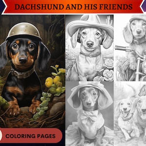 40 Cute Dachshund and Friends Grayscale Coloring Pages | Dogs Puppies | Printable Adult Coloring Pages | Download Grayscale Illustration