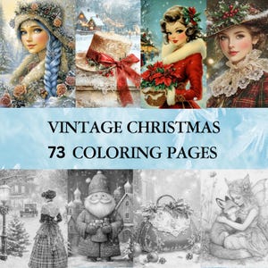 73 páginas para colorear en escala de grises de invierno y Navidad vintage para adultos / Descarga instantánea / Tarjetas victorianas vintage Lindas hadas nieve imprimible PDF