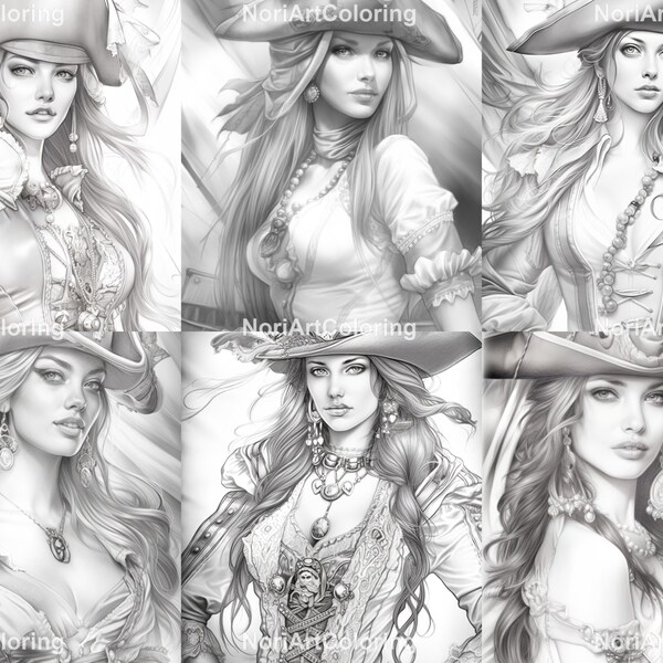 20 Elegant Pirate Women Set 5  | Printable Adult Coloring Pages | Download Grayscale Illustration
