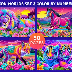 Peut inclure: Ensemble d'illustrations vibrantes avec des animaux aux couleurs n&eacute;on : un lion, un cheval, un renard et deux tigres. L'&oelig;uvre comprend des fleurs color&eacute;es et un fond de coucher de soleil. Le texte "NEON WORLDS SET 2 COLOR BY NUMBERS" et "50 PAGES" est visible.