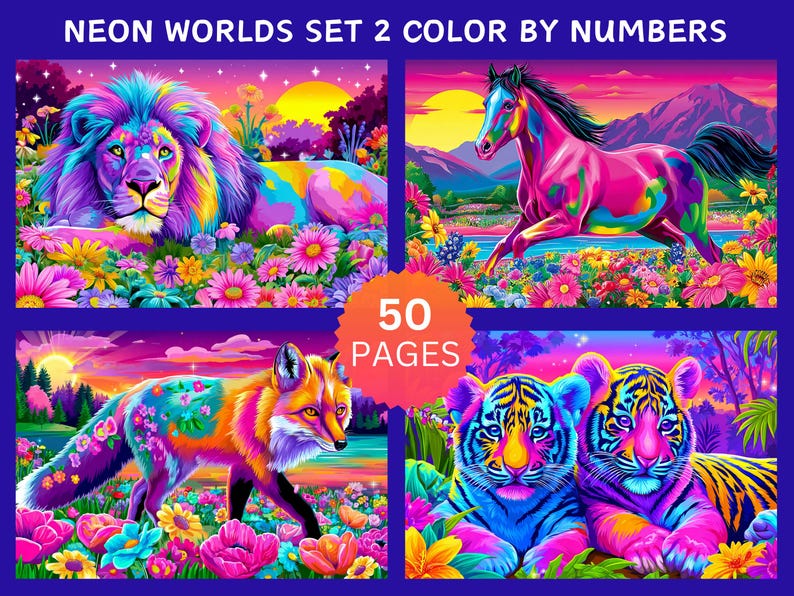 Peut inclure: Ensemble d'illustrations vibrantes avec des animaux aux couleurs n&eacute;on : un lion, un cheval, un renard et deux tigres. L'&oelig;uvre comprend des fleurs color&eacute;es et un fond de coucher de soleil. Le texte "NEON WORLDS SET 2 COLOR BY NUMBERS" et "50 PAGES" est visible.