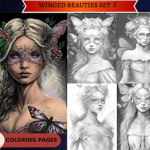 10 Winged Beauties | Insect Queens Set 2  Coloring Pages | Printable Adult Coloring Pages | Download Grayscale Illustration