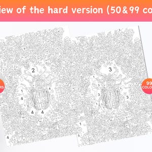 May include: A black and white paint by numbers image of two beetles with numbered sections for coloring. The image is labeled "50 colors" and "99 colors" in the top left and right corners.