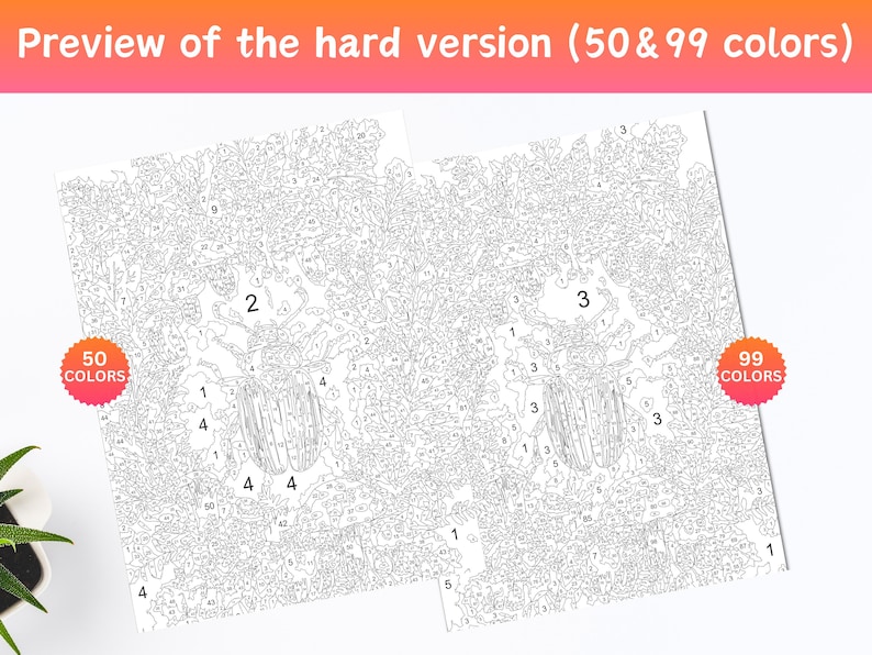 May include: A black and white paint by numbers image of two beetles with numbered sections for coloring. The image is labeled "50 colors" and "99 colors" in the top left and right corners.