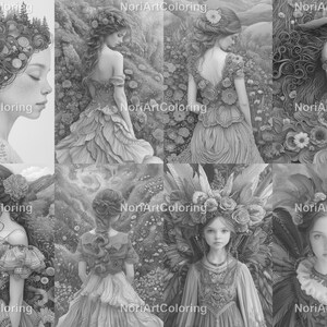 75 maravillosos vestidos de la naturaleza Páginas para colorear en escala de grises / Páginas para colorear para adultos imprimibles / Descargar ilustración en escala de grises imagen 8