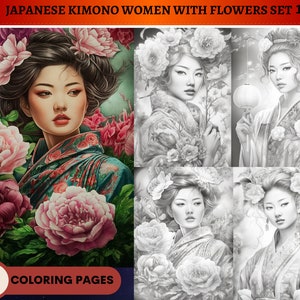 25 Japanese Kimono Women with Flowers Set 1 | Bright Medium and Dark | Printable Adult Coloring Pages | Download Grayscale Illustration