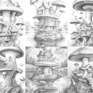 30 Mushroom Fairy Houses Set 2 Coloring Pages | Printable Adult Coloring Pages | Download Grayscale Illustration | Printable PDF file