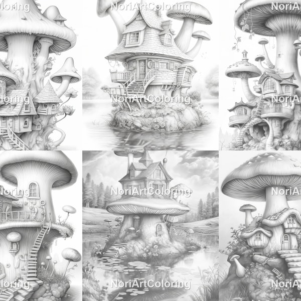 30 Mushroom Fairy Houses Set 2 Coloring Pages | Printable Adult Coloring Pages | Download Grayscale Illustration | Printable PDF file
