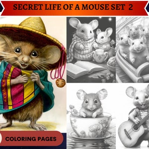 40 Secret Life of a Mouse Set 2 Coloring Pages | Coloring pages Adults and kids | Instant Download Grayscale Coloring Page | Printable PDF