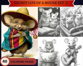 40 La vida secreta de un ratón Set 2 Páginas para colorear / Páginas para colorear Adultos y niños / Descarga instantánea de página para colorear en escala de grises / PDF imprimible