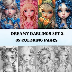 65 Dreamy Darling Girls Set 2 Páginas para colorear en escala de grises / Páginas para colorear para adultos imprimibles / Descargar en escala de grises / Dibujos animados lindos para niños