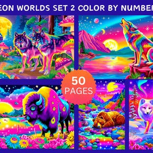 Peut inclure: Ensemble d'illustrations vives intitul&eacute; "Neon Worlds Set 2 Color by Numbers". L'&oelig;uvre pr&eacute;sente des loups, un bison, un renard et un ours dans un paysage n&eacute;on. L'ensemble comprend 50 pages de coloriage.