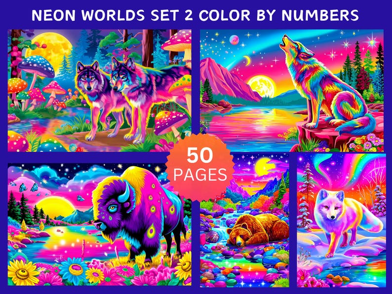 Peut inclure: Ensemble d'illustrations vives intitul&eacute; "Neon Worlds Set 2 Color by Numbers". L'&oelig;uvre pr&eacute;sente des loups, un bison, un renard et un ours dans un paysage n&eacute;on. L'ensemble comprend 50 pages de coloriage.