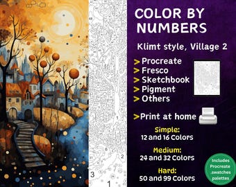 Color by Number, Digital Coloring Pages, Paint by Numbers, Procreate Coloring Book, Adults Coloring Book, Klimt Village 2 Coloring by Number