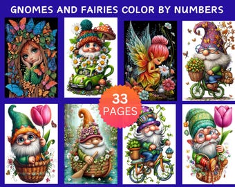 33 Gnomes and Fairies Color by Number Pages, Digital Coloring Pages, Paint by Numbers Bundle, Procreate Adults Coloring Book