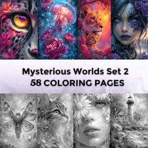 58 pages à colorier en niveaux de gris des mondes mystérieux | Pages imprimables pour animaux de compagnie | Télécharger en niveaux de gris | Peinture à colorier | Portraits de femmes