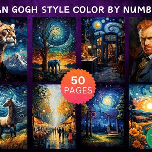 50 Color by Number Pages, Digital Coloring Pages, Paint by Numbers Bundle, Procreate Adults Coloring Book, Van Gogh Inspired Paintings