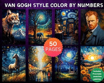 50 Color by Number Pages, Digital Coloring Pages, Paint by Numbers Bundle, Procreate Adults Coloring Book, Van Gogh Inspired Paintings