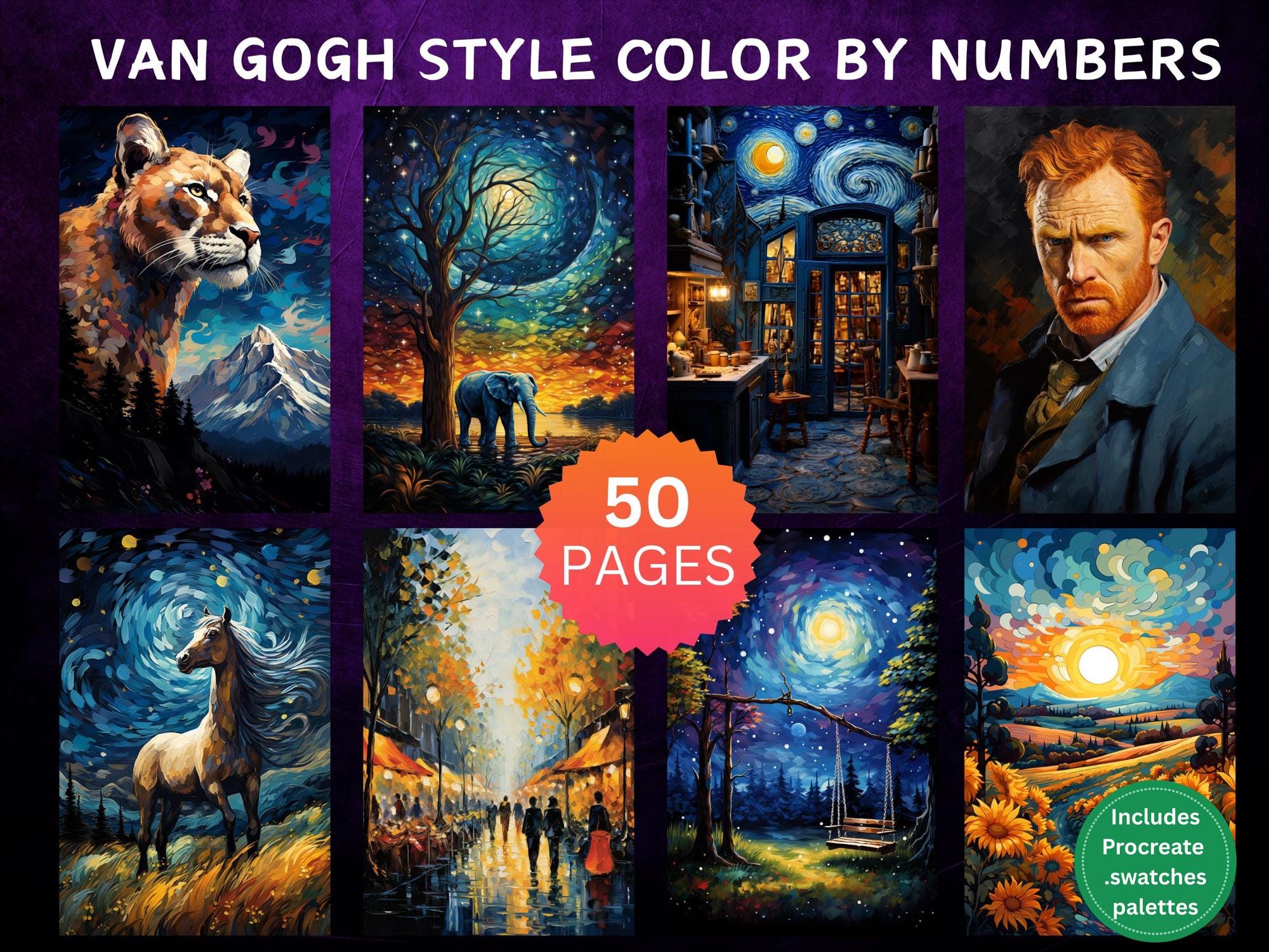 50 Van Gogh-Inspired Color by Number Pages | Digital Coloring Bundle for Adults (PDF/PNG/SVG/JPG, Procreate Ready)