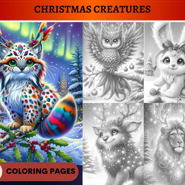 46 Christmas Creatures Grayscale Coloring Pages | Animals Cute Funny Snow Illustrations | Printable Adult Kids Coloring Pages