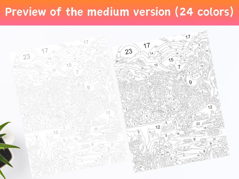 Peut inclure: Deux toiles de peinture par num&eacute;ros sont pr&eacute;sent&eacute;es, l'une vierge et l'autre partiellement color&eacute;e. Le texte "Preview of the medium version (24 colors)" est en haut. Les toiles comportent des sections num&eacute;rot&eacute;es pour la peinture.