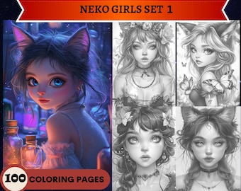 100 Neko Girls Set 1 Graustufen Malvorlagen | Ausmalbilder zum Ausdrucken | Graustufen-Illustration herunterladen | Mystisch | Katzenfrau