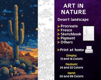 Color by Number, Digital Coloring Pages, Paint by Numbers, Procreate Coloring Book, Adults Coloring Book, Desert landscape