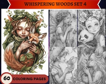 60 Bosques susurrantes Set 4: Elfos y seres encantados Páginas para colorear / Páginas para colorear para adultos imprimibles / Descargar ilustración en escala de grises