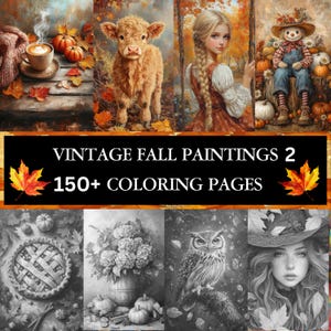 156 pages à colorier en niveaux de gris de peintures d'automne vintage pour adultes, lot de 2 | Téléchargement instantané | Fichier PDF imprimable vintage d'automne nostalgique de mauvaise humeur
