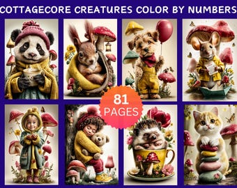 81 páginas para colorear por números con criaturas encantadoras de estilo cottagecore, páginas digitales para colorear, paquete de pintura por números, libro para colorear para adultos de Procreate.