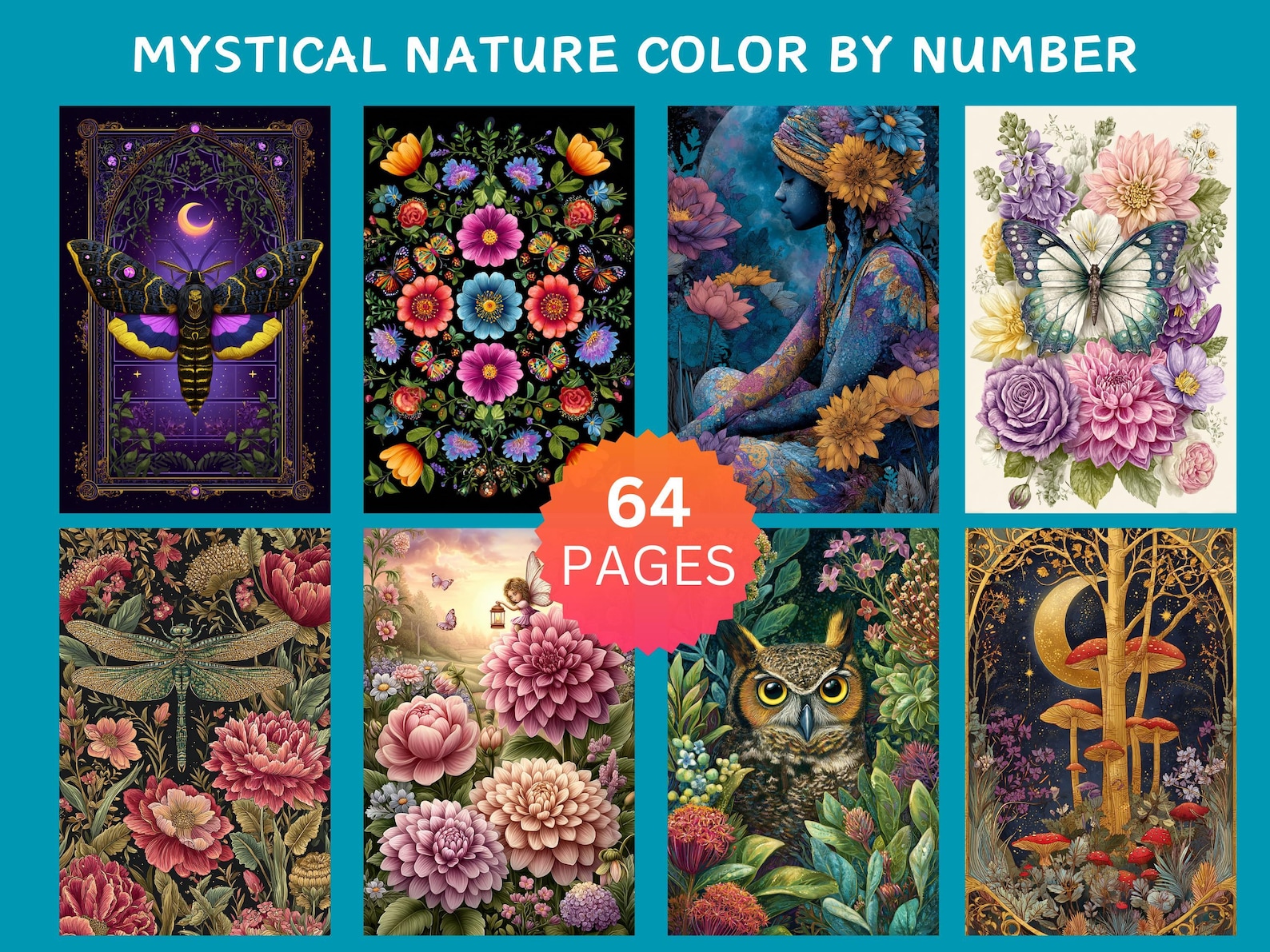 64 Mystical Nature Color by Number Pages, Digital Coloring Pages, Paint ...