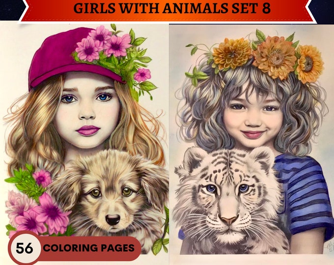 56 Beautiful Girls With Animals Set 8 Coloring Pages Printable Adult ...