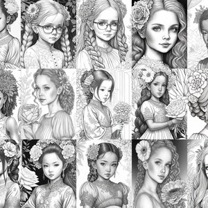 15 belles petites filles en niveaux de gris avec des fleurs à colorier Vol 4 | Coloriages pour adultes à imprimer | Téléchargez l&#39;illustration en niveaux de gris