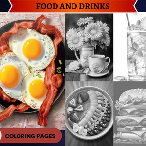 50 Food and Drinks Grayscale Coloring Pages | Printable Adult Coloring Pages | Download Grayscale Illustration