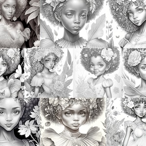 10 beautiful Afro Fairies coloring pages Vol 1 | Black Women | Printable Adult Coloring Book | Download Grayscale Illustration | Black Women