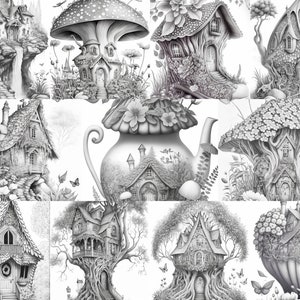 22 Grayscale Land Fairy Houses Coloring Book Set 1 | Printable Adult Coloring Pages | Download Grayscale Illustration | Printable PDF file