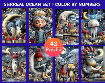 43 Surreal Ocean Set 1 Color by Number Pages, Digital Coloring Pages, Paint by Numbers Bundle, Procreate Adults Coloring Book, Fantasy